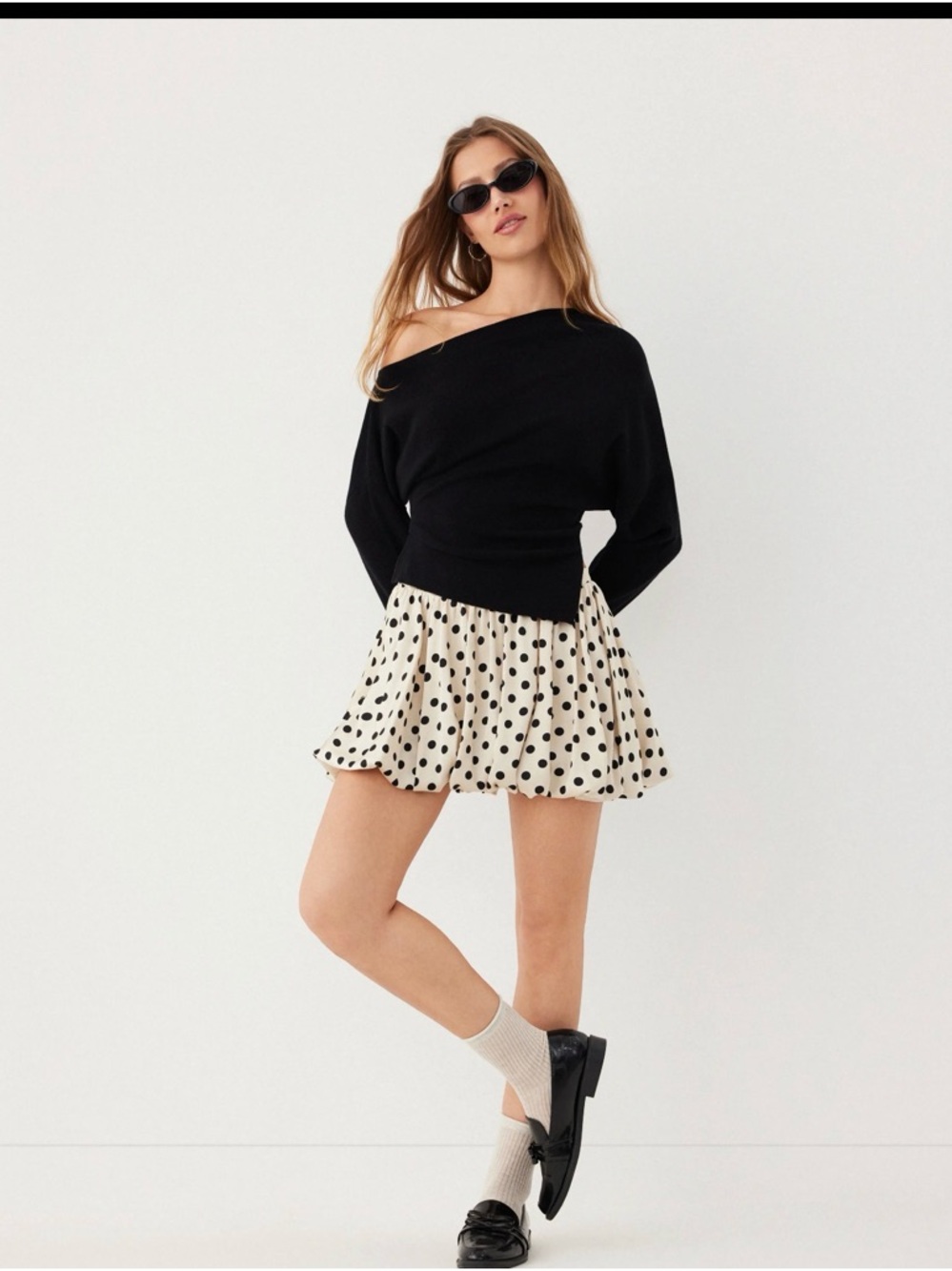 Cider Cream Polka Dot Bubble Mini Skirt with Black Dots with zip on side - Picture 2 of 4